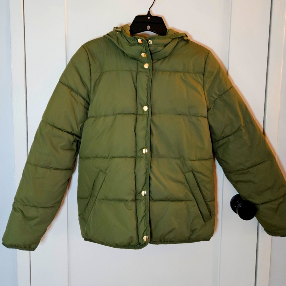 j. crew mercantile green puffer hooded jacket xxs